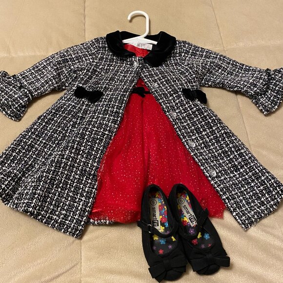 Nannette 2pc. Baby Girl Black & White Coat / Red Dress & Black Shoes - Picture 2 of 15
